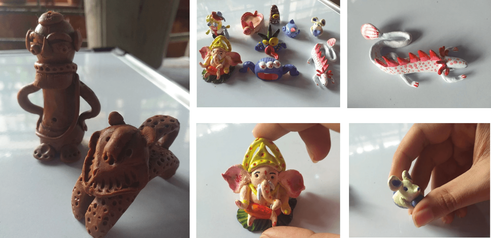 Hand-modeled clay figures, deities, and small pottery