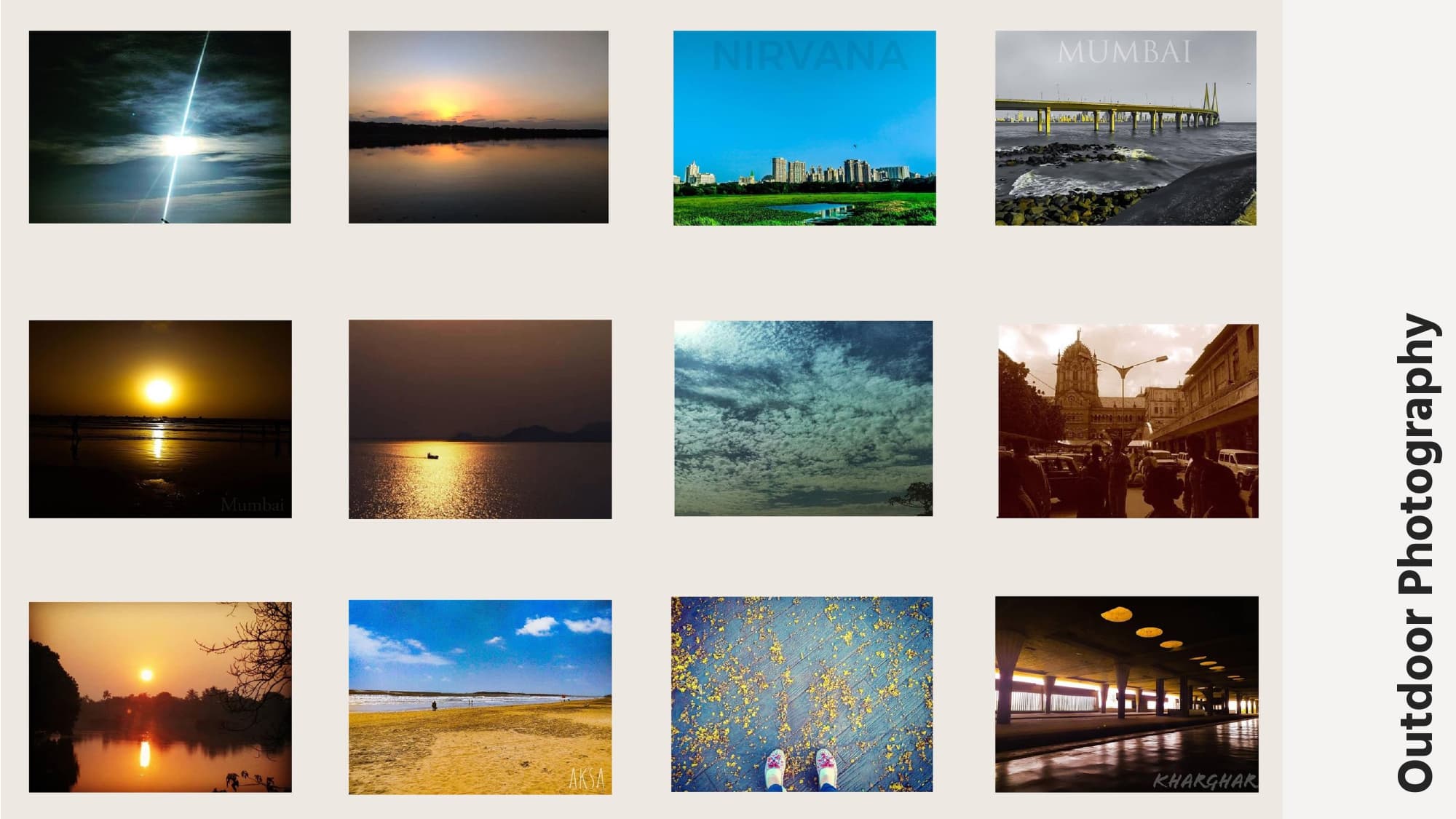 Outdoor photographs of skies, sunsets, and city scenes