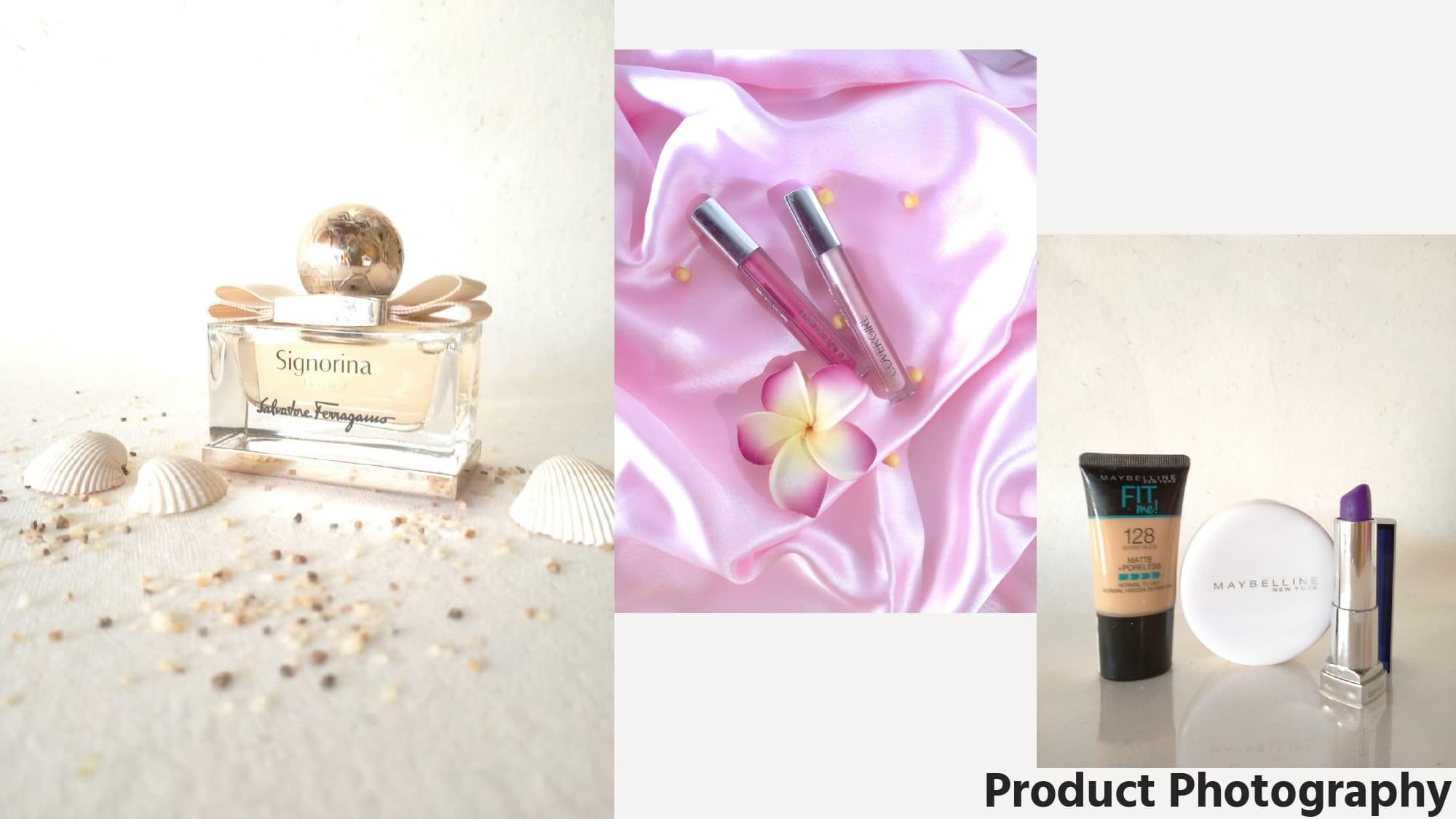 Styled product photographs of perfume and cosmetics