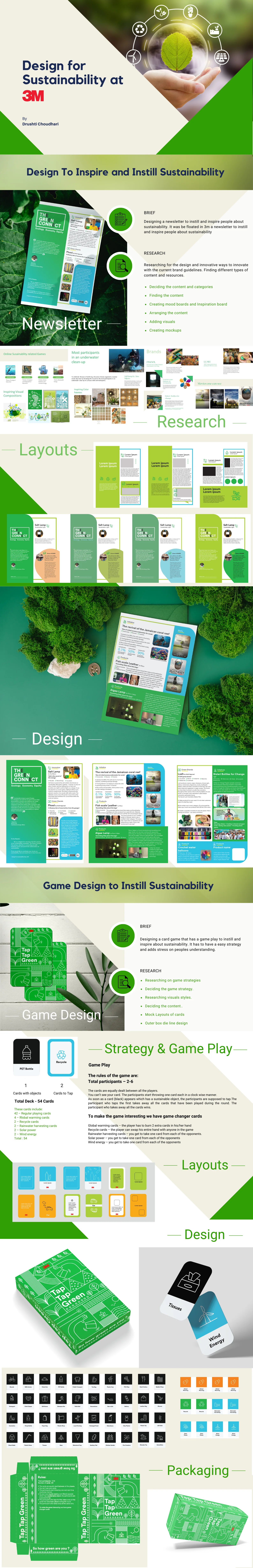 The full presentation board for Design for Sustainability at 3M. It runs from the title panel through The Green Connect newsletter — brief, research, layouts, and the printed spreads photographed on moss — into Tap Tap Green, with the game brief, strategy and rules, card layouts, the finished green deck, the object icon set, and the die line and packaging render.