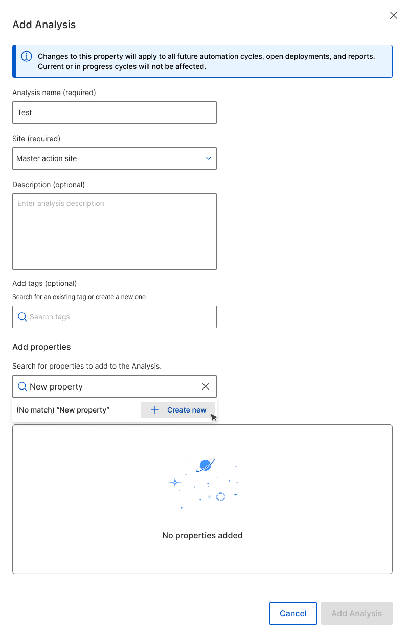 The Add Analysis drawer with the analysis name and site being filled in.
