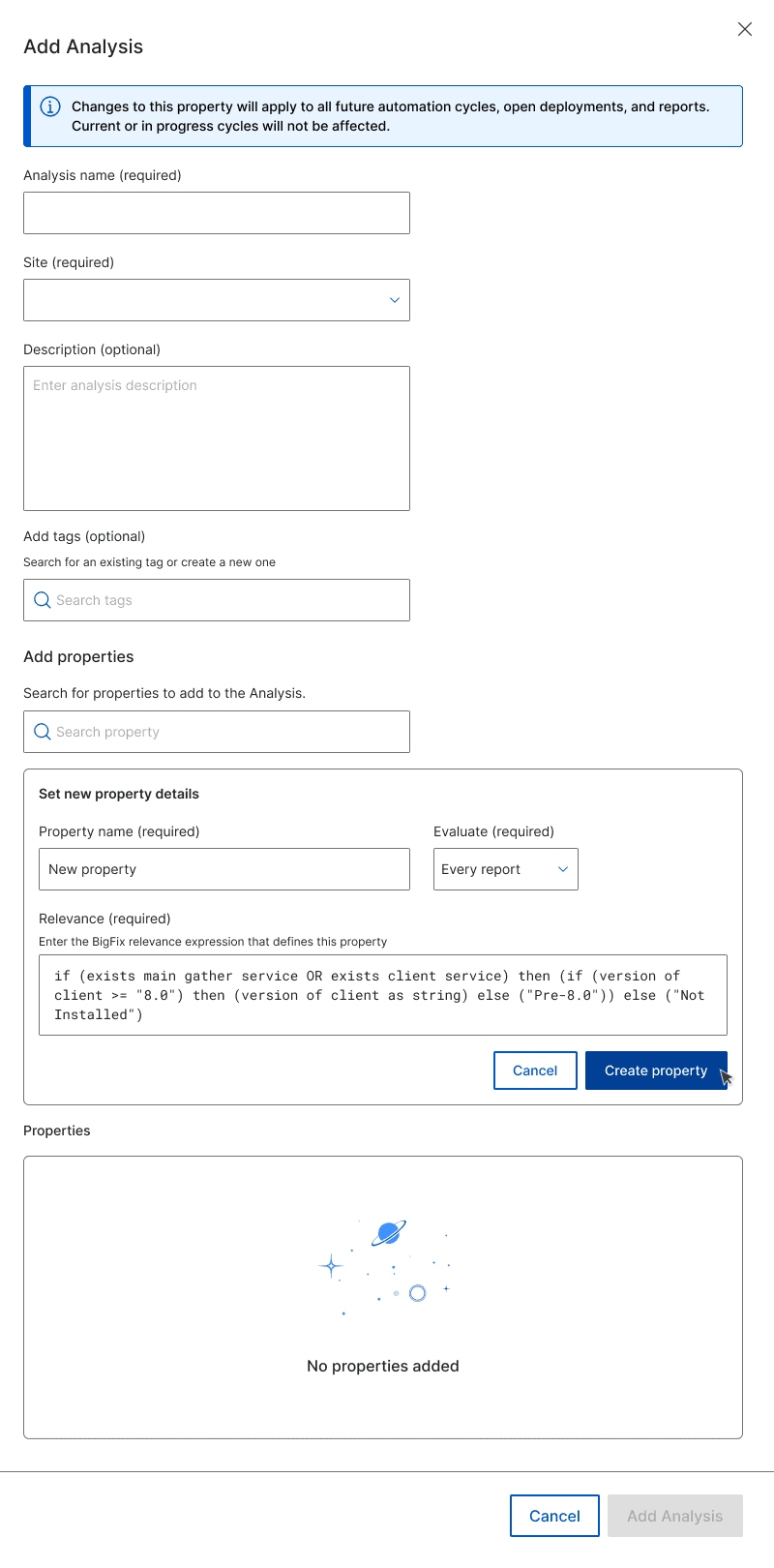 The Add Analysis drawer with a relevance expression entered for the new property and a Create property action.