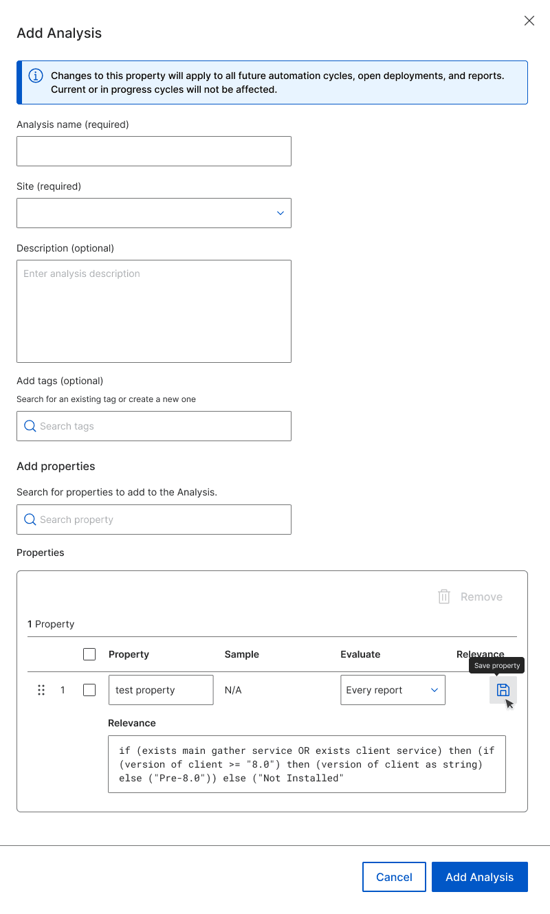 The completed Add Analysis drawer with name, site, tags and properties filled in, ready to add.