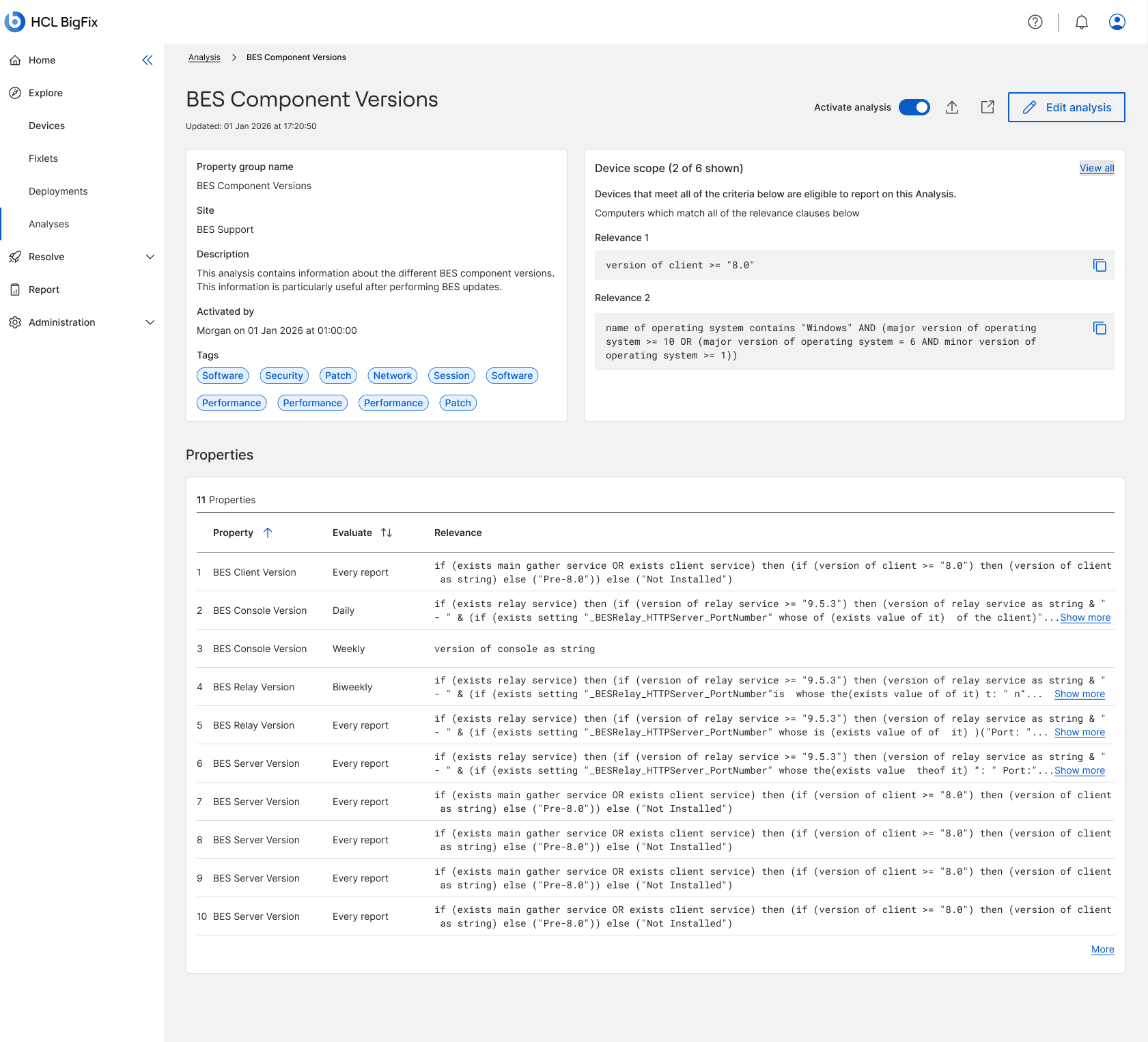 The analysis details page for BES Component Versions: property group, site, description, tags and activation toggle on the left, device scope with relevance clauses on the right, and a properties table below.
