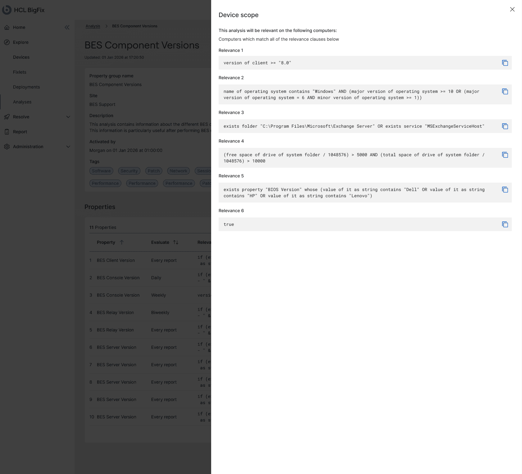 The analysis details page with the View more drawer open, showing all of the relevance clauses for the analysis.