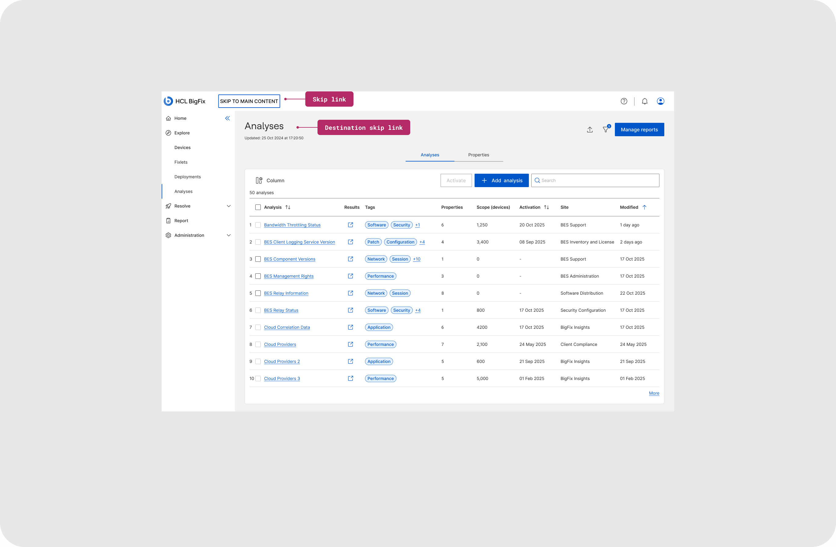 The Analyses landing page annotated with skip links that jump focus to the main regions.
