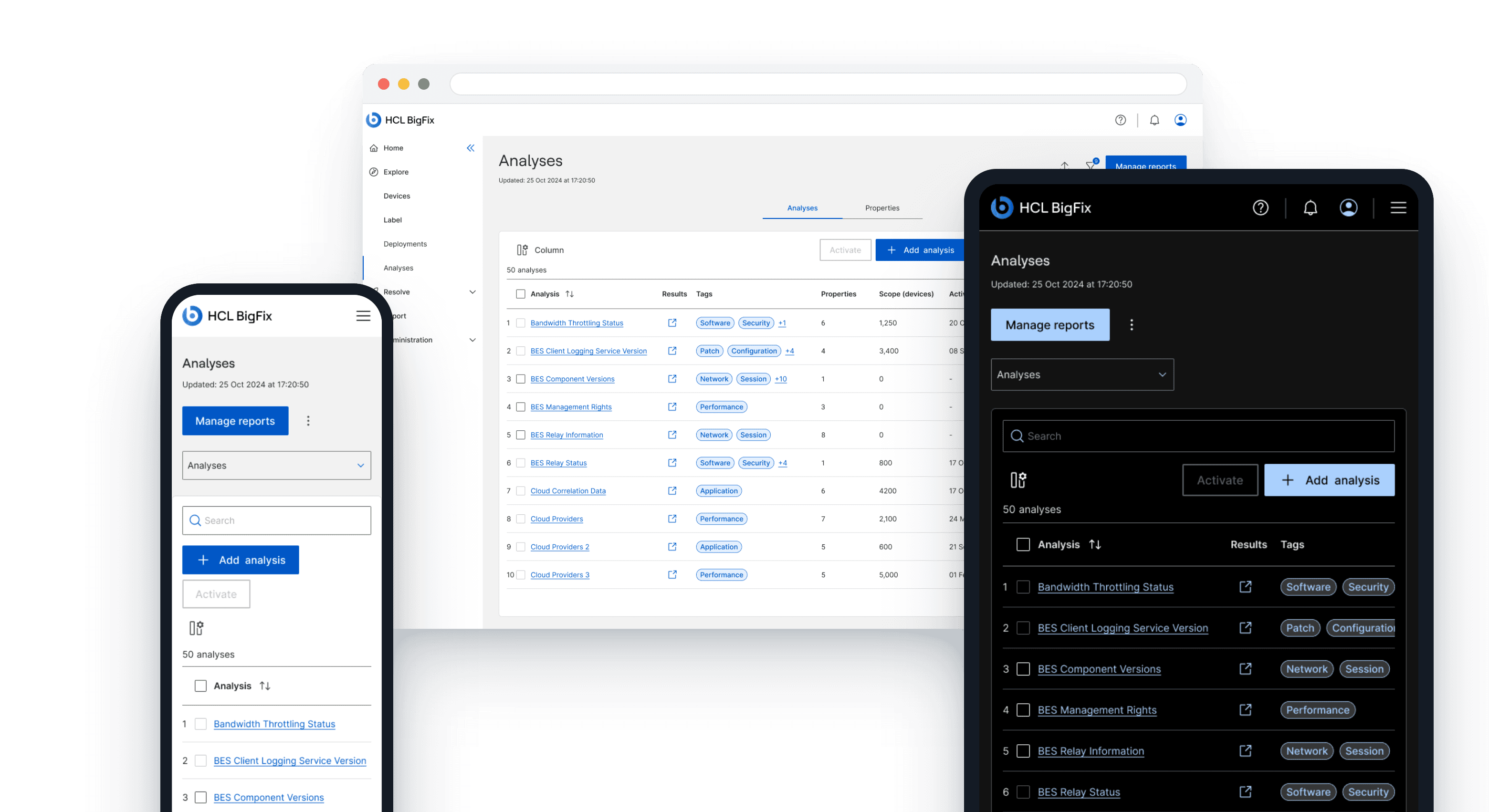 The Analyses feature across a desktop, a phone and a dark-mode tablet, each listing analyses with tags, property counts and device scope.