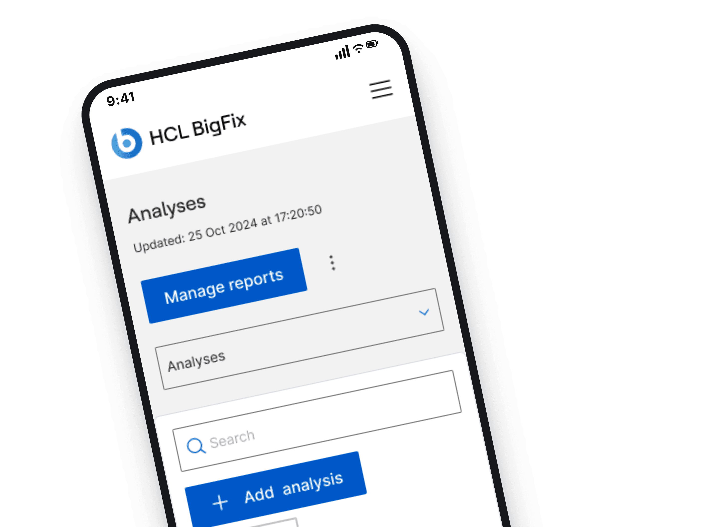 The Analyses screen on a phone: the Analyses list with Manage reports, a view selector, search and an Add analysis action.