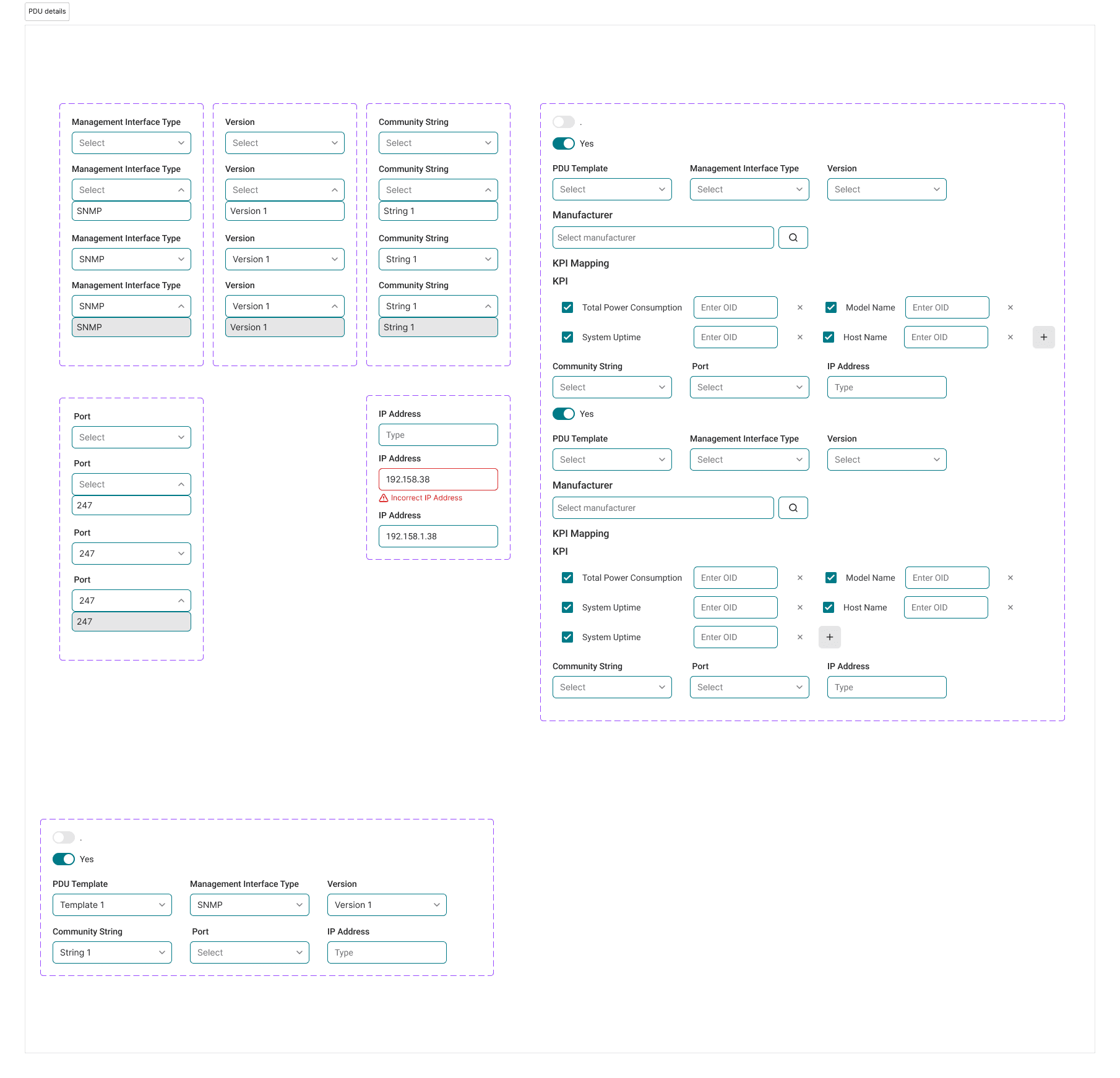 The PDU configuration form component in multiple states, with fields for management interface type, SNMP version, community string, port and IP address, KPI-to-OID mapping, and inline validation for an incorrect IP.