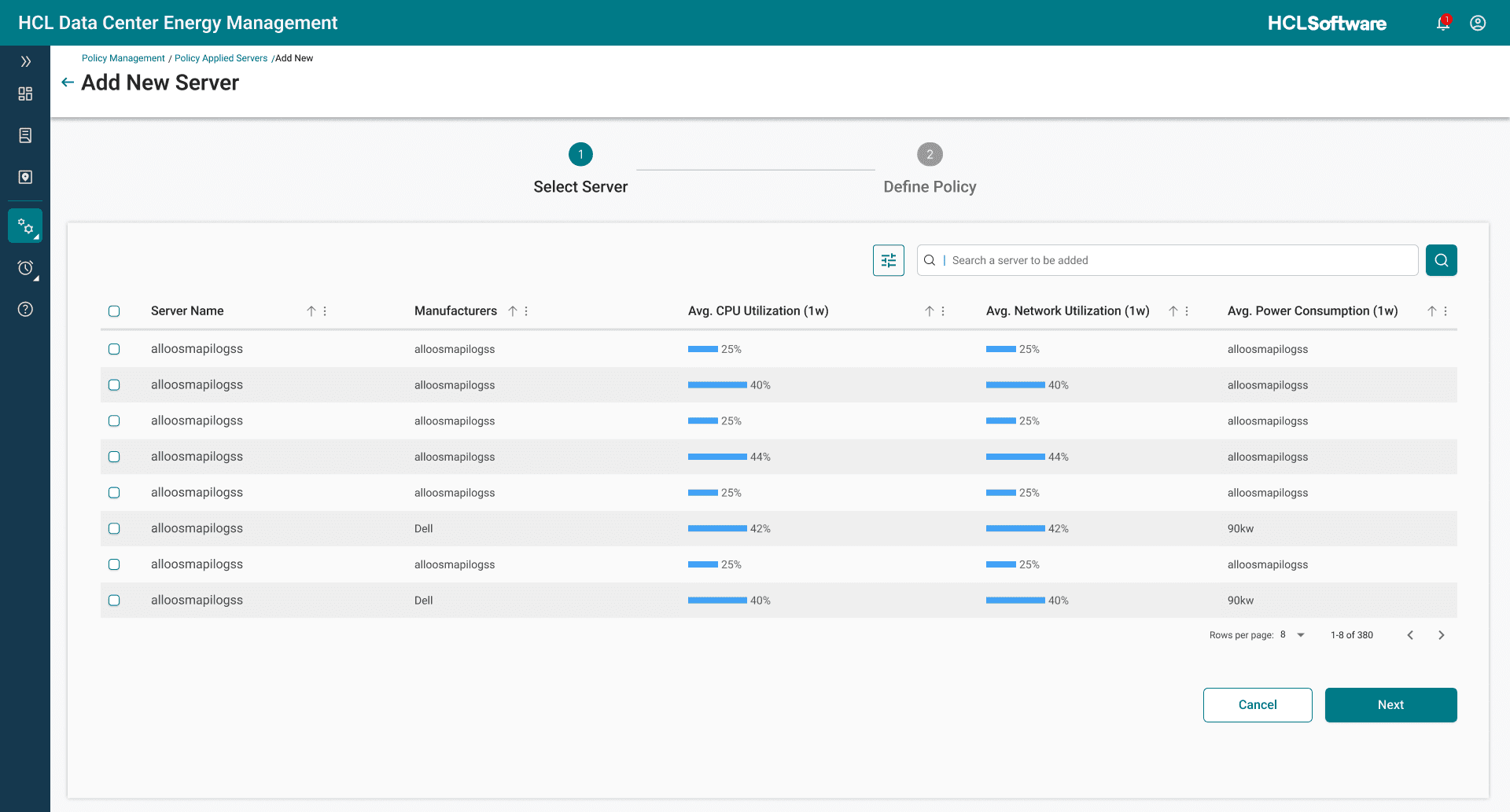 Step one of the Add New Server flow: a Select Server table with checkboxes, manufacturer, average CPU and network utilization and power consumption, and a two-step progress indicator.