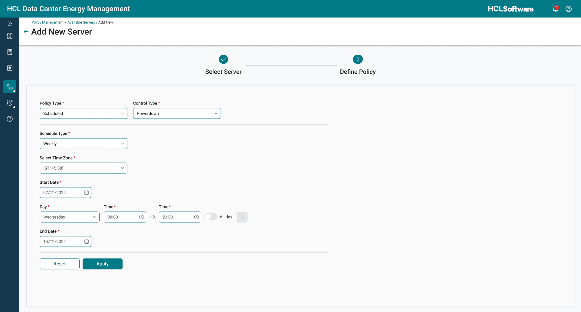 Step two of the Add New Server flow: Define Policy form with policy type Scheduled, control type Powerdown, weekly schedule, timezone, dates, day and time range, and Apply.