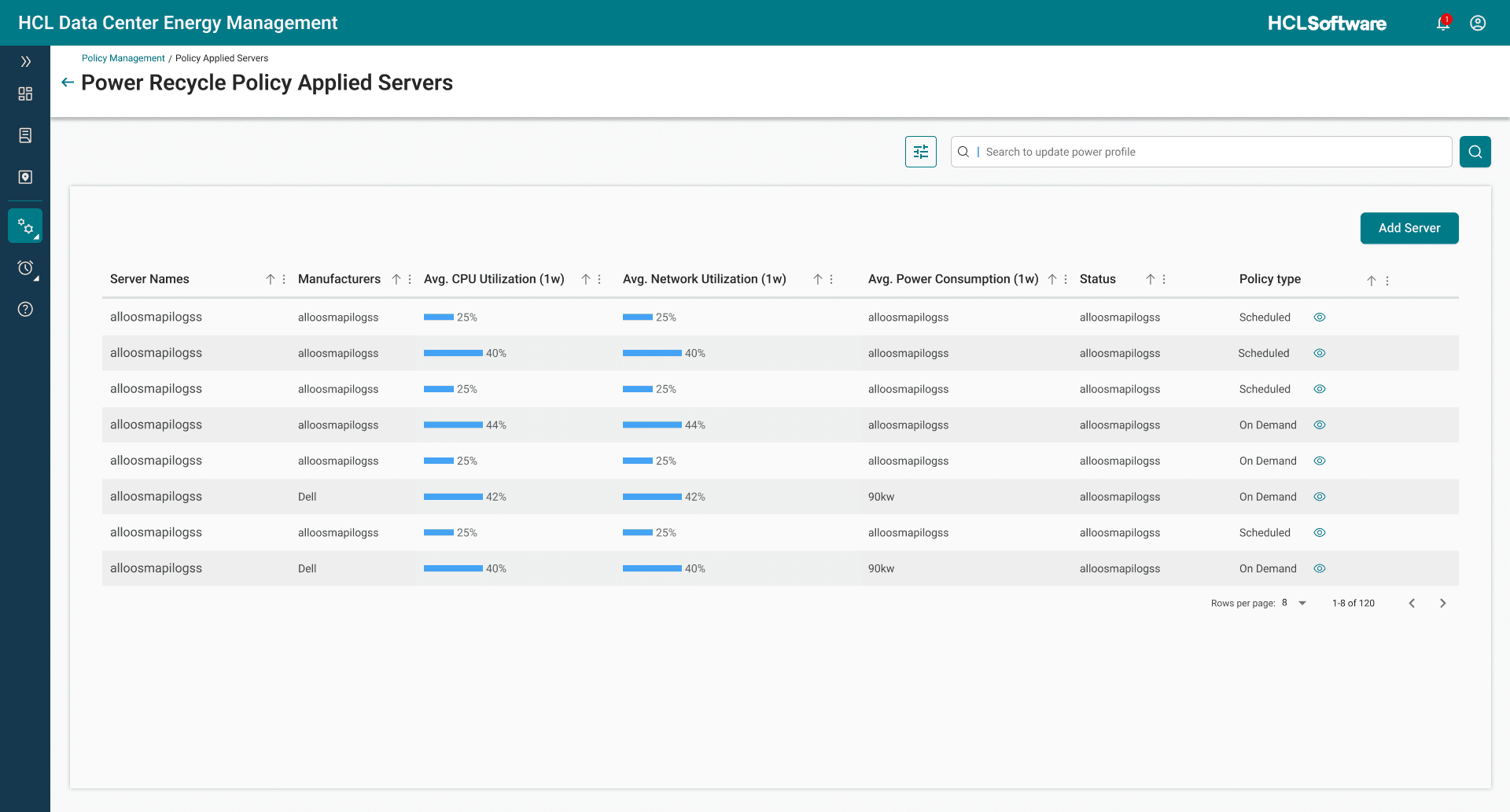 The Power Recycle Policy Applied Servers table, listing servers with manufacturer, average CPU and network utilization, power consumption, status and scheduled or on-demand policy type.