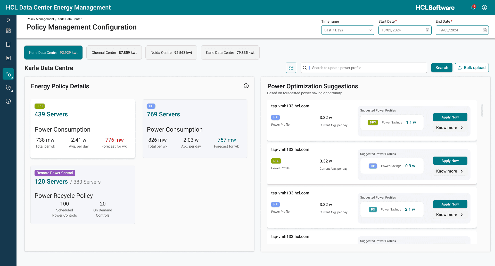 The Policy Management Configuration page for Karle Data Centre: Energy Policy Details cards grouping servers by DPS, HP and remote power control, beside Power Optimization Suggestions with per-server recommended profiles and Apply Now buttons.