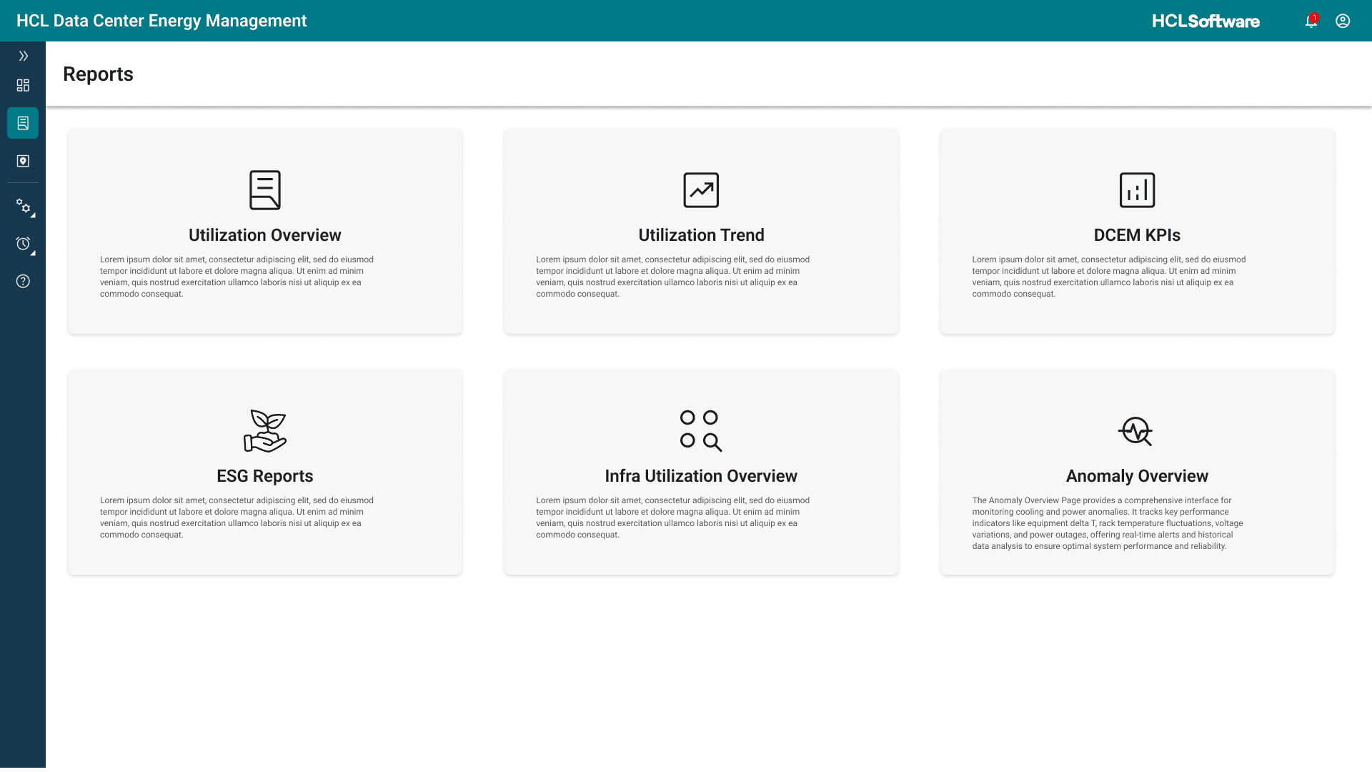 The Reports landing page with six cards: Utilization Overview, Utilization Trend, DCEM KPIs, ESG Reports, Infra Utilization Overview, and Anomaly Overview.