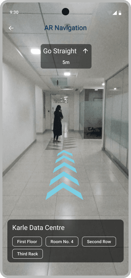 AR navigation showing a Turn Left instruction with a curved arrow and Destination on the Left.