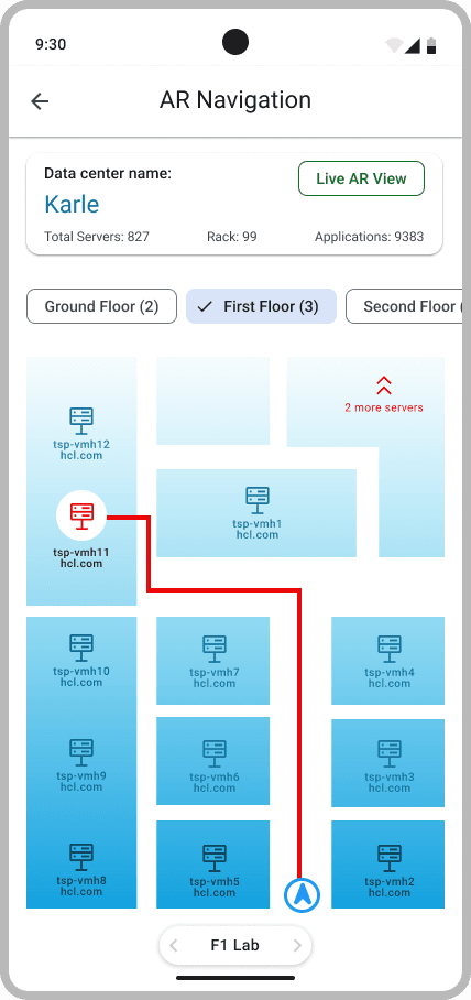 A floor-plan view of the Karle data center with a grid of named servers, a red route line to the target, floor tabs, and a Live AR View button.