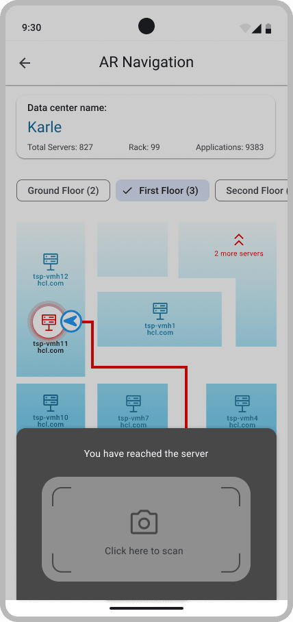 The floor map with the target server highlighted and a prompt reading you have reached the server with a scan button.