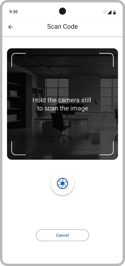 A scan-code screen with a camera viewfinder and the prompt hold the camera still to scan the image.