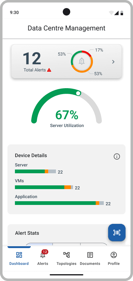 The mobile dashboard: total alerts, a server-utilization gauge at 67 percent, device details for servers, VMs and applications, and an alert-stats chart, with a bottom tab bar.