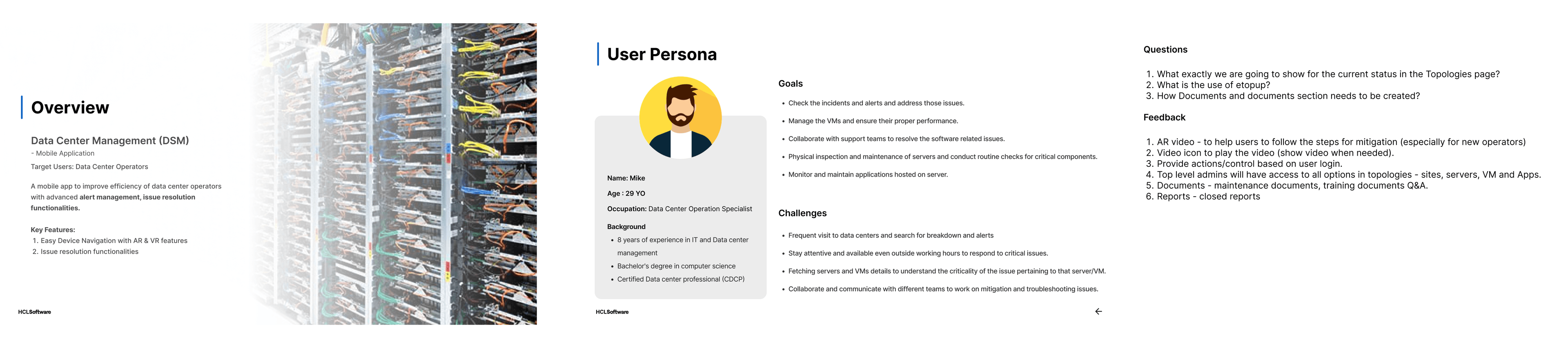 The mobile app brief and persona board: an overview of the Data Centre Management app, and Mike, a 29-year-old data center operation specialist, with his goals and challenges.