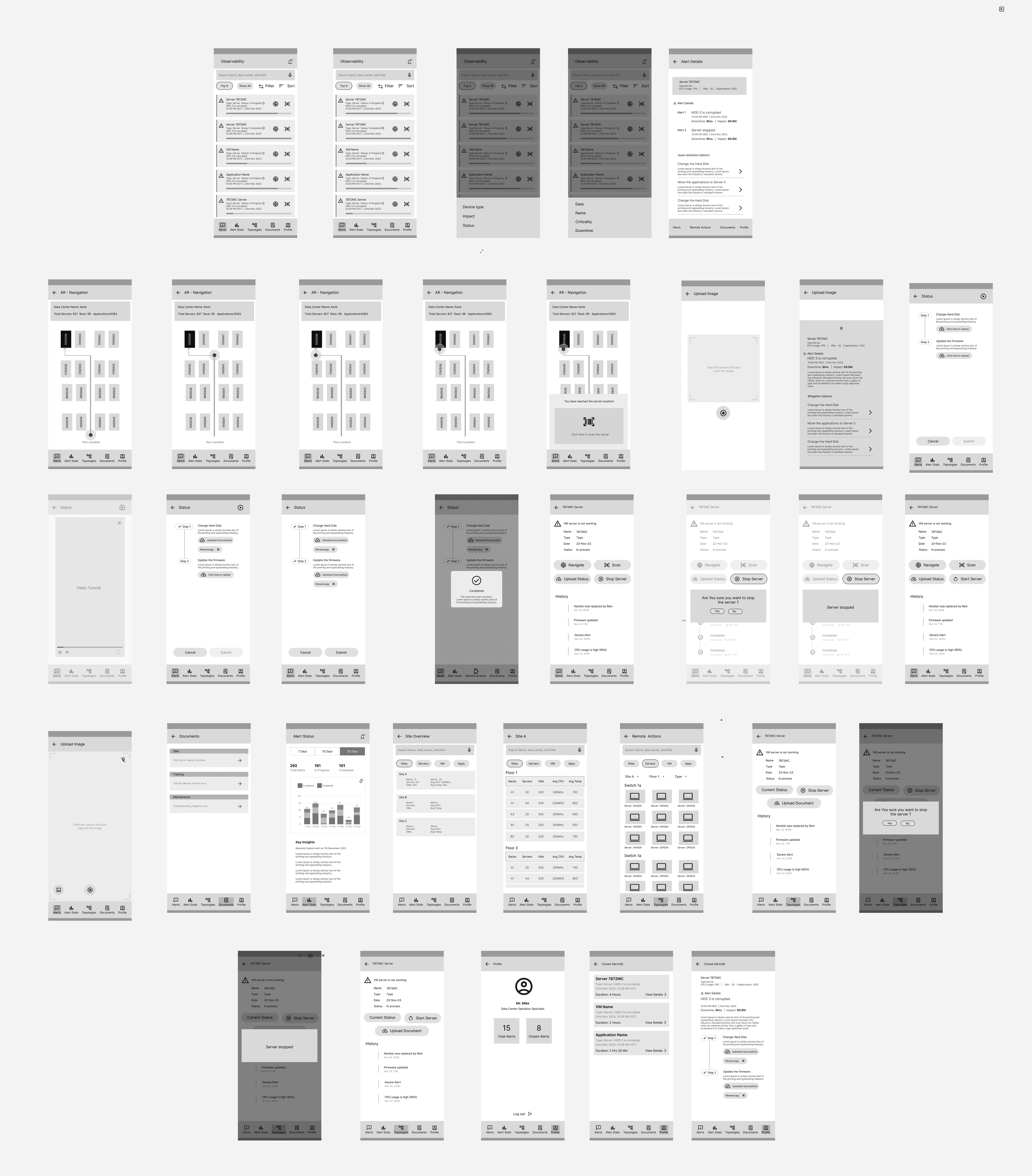 A board of low-fidelity wireframes for the mobile app, laying out the login, dashboard, alerts, AR navigation, mitigation and profile flows.