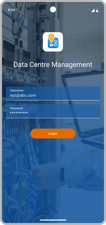 The mobile login screen for Data Centre Management, with username and password over a data-center photo.