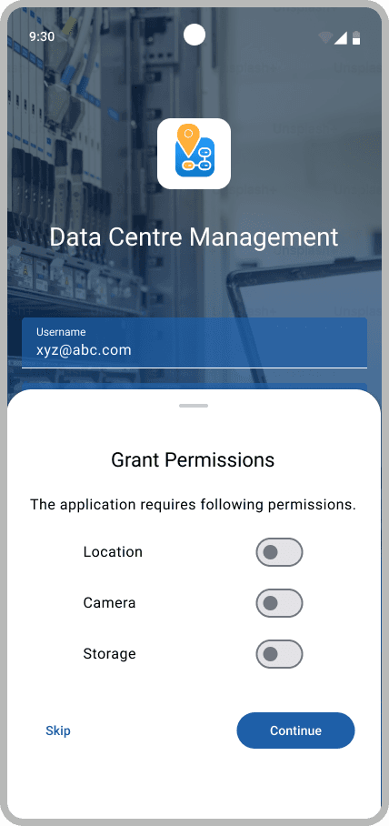 A grant-permissions sheet asking for location, camera and storage access, with skip and continue.