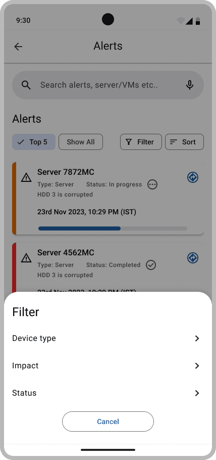 The alerts list with a search bar, Top 5 and Show All toggles, filter and sort, and severity-coloured alert cards for servers and VMs.