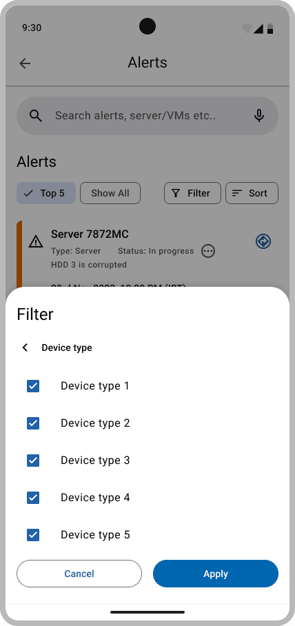 A filter sheet over the alerts list with Device type, Impact and Status options.