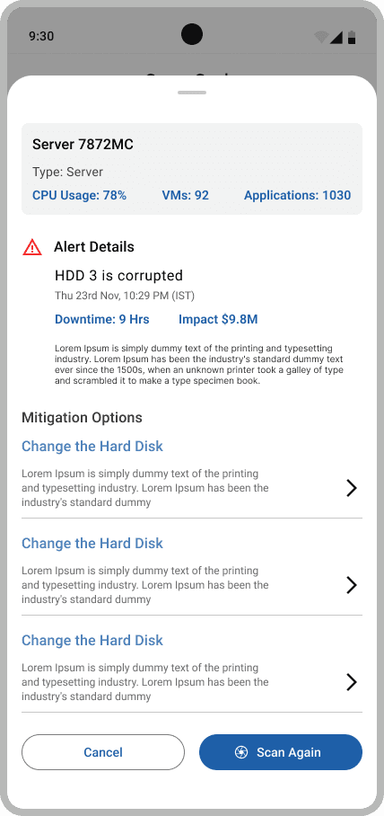 A scanned-server detail sheet repeating the alert and mitigation options with a scan-again button.