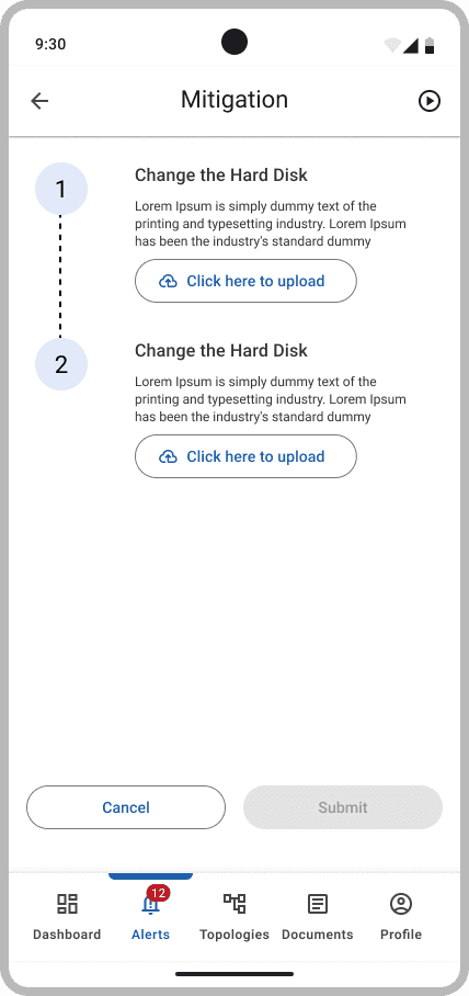 A mitigation steps screen with numbered steps and click-here-to-upload buttons for proof of each fix.