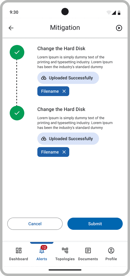 The mitigation steps marked uploaded successfully with filenames and an active submit button.