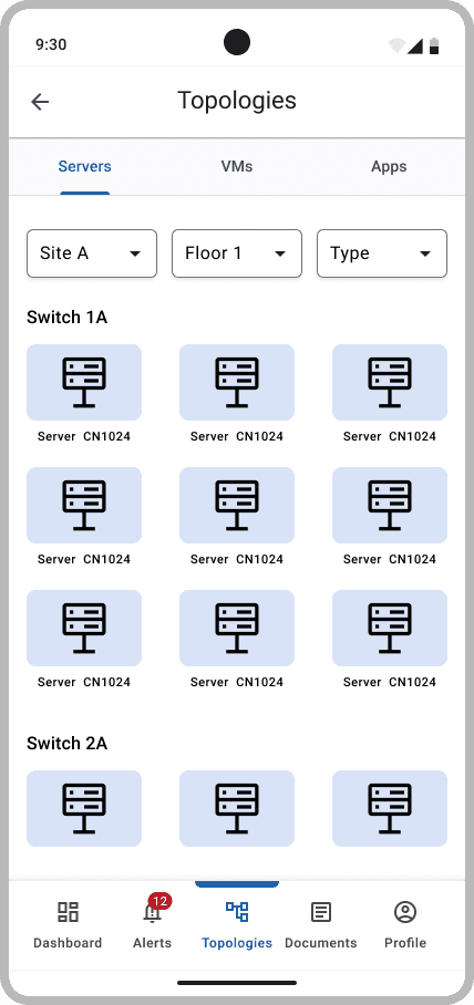 The topologies screen with Servers, VMs and Apps tabs, site, floor and type filters, and a grid of servers grouped by switch.