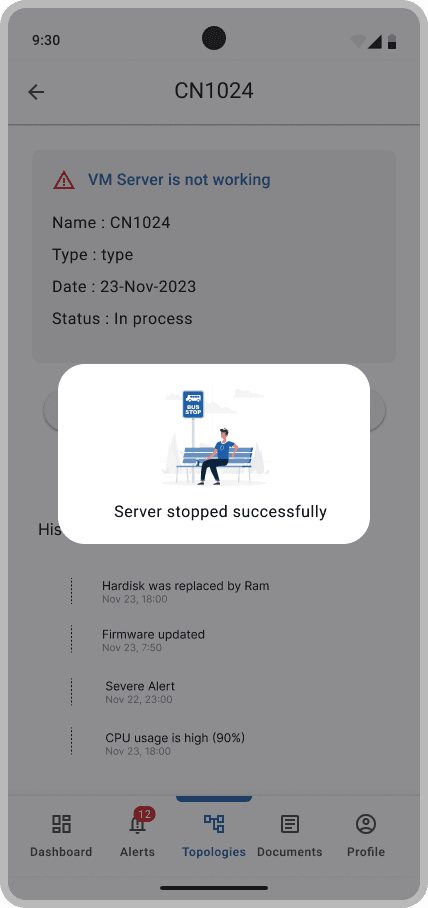 A server detail for CN1024 showing it is not working, a history of events, and a server-stopped-successfully confirmation.