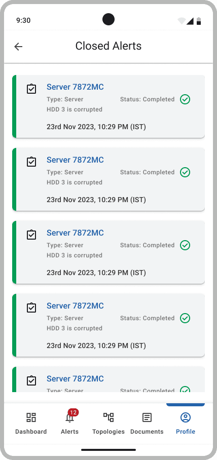 A closed-alerts list of completed server alerts.