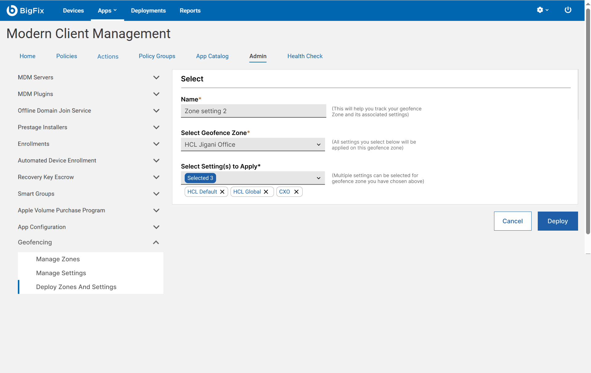 The Create Mapping form: a name, a Select Geofence Zone dropdown, and a Select Settings to Apply multi-select with three settings chosen, and a Deploy button.