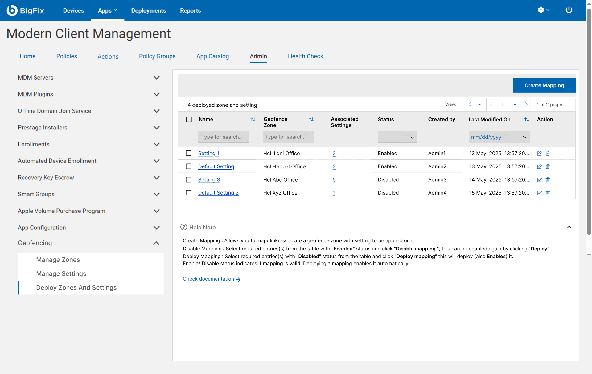 The Deploy Zones and Settings table listing mappings with name, geofence zone, associated settings, enabled or disabled status, creator and last-modified date, plus a Create Mapping button and a Help Note.