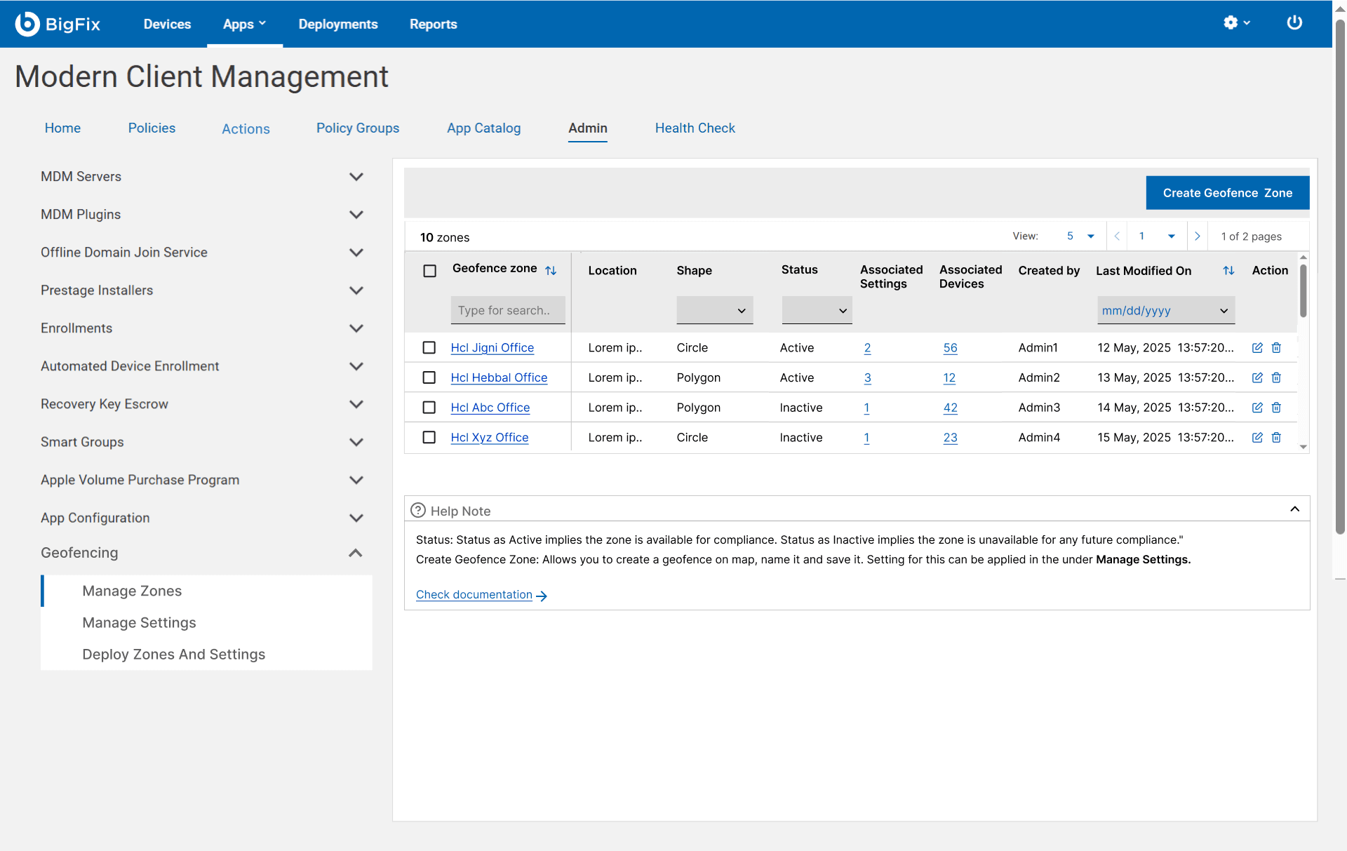 The Manage Zones table listing geofence zones with name, location, shape, status, associated settings and devices, creator and last-modified date, plus a Create Geofence Zone button and a Help Note explaining status.