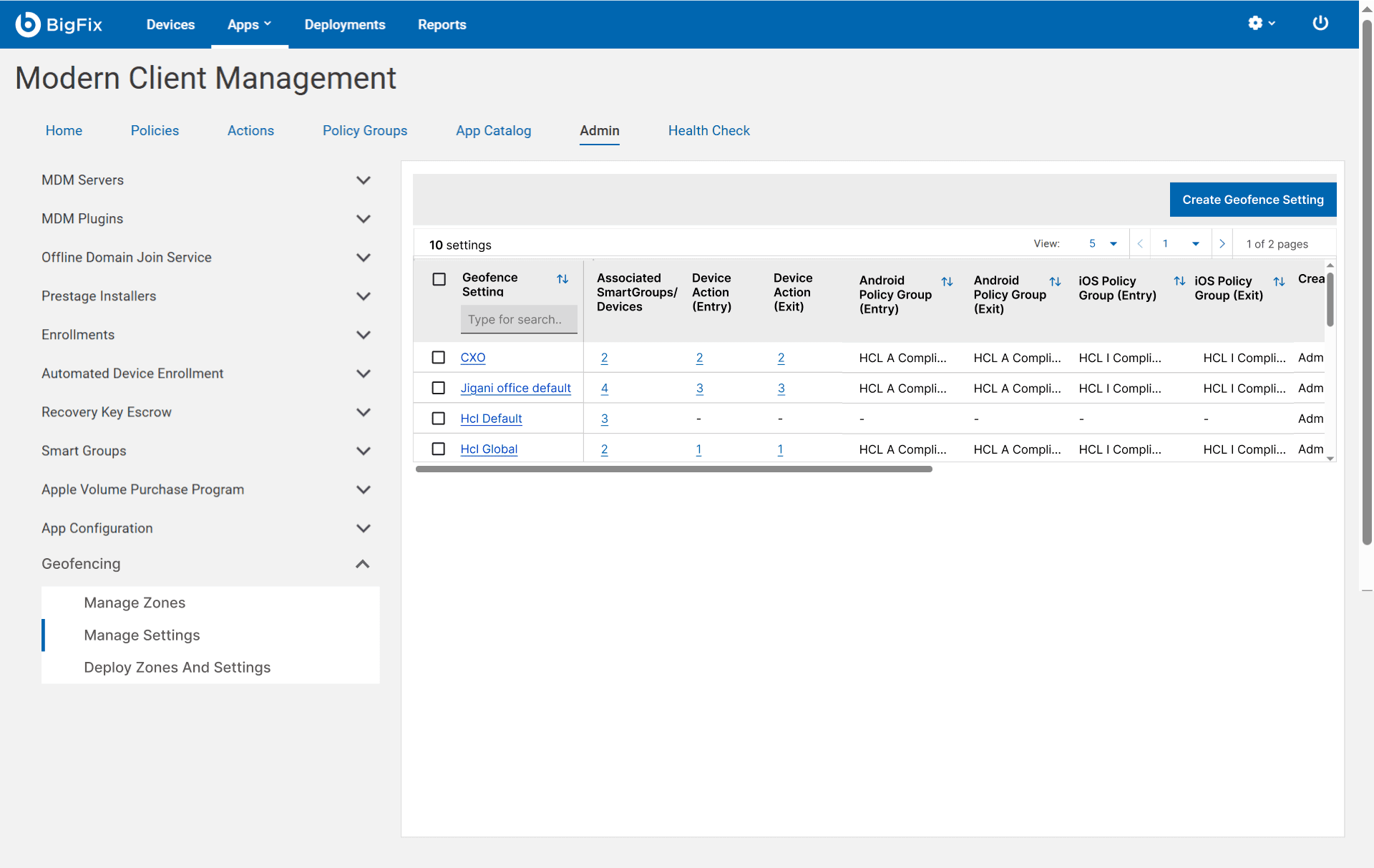 The Manage Settings table listing geofence settings with associated smart groups and devices, device actions for entry and exit, and Android and iOS policy groups for entry and exit.
