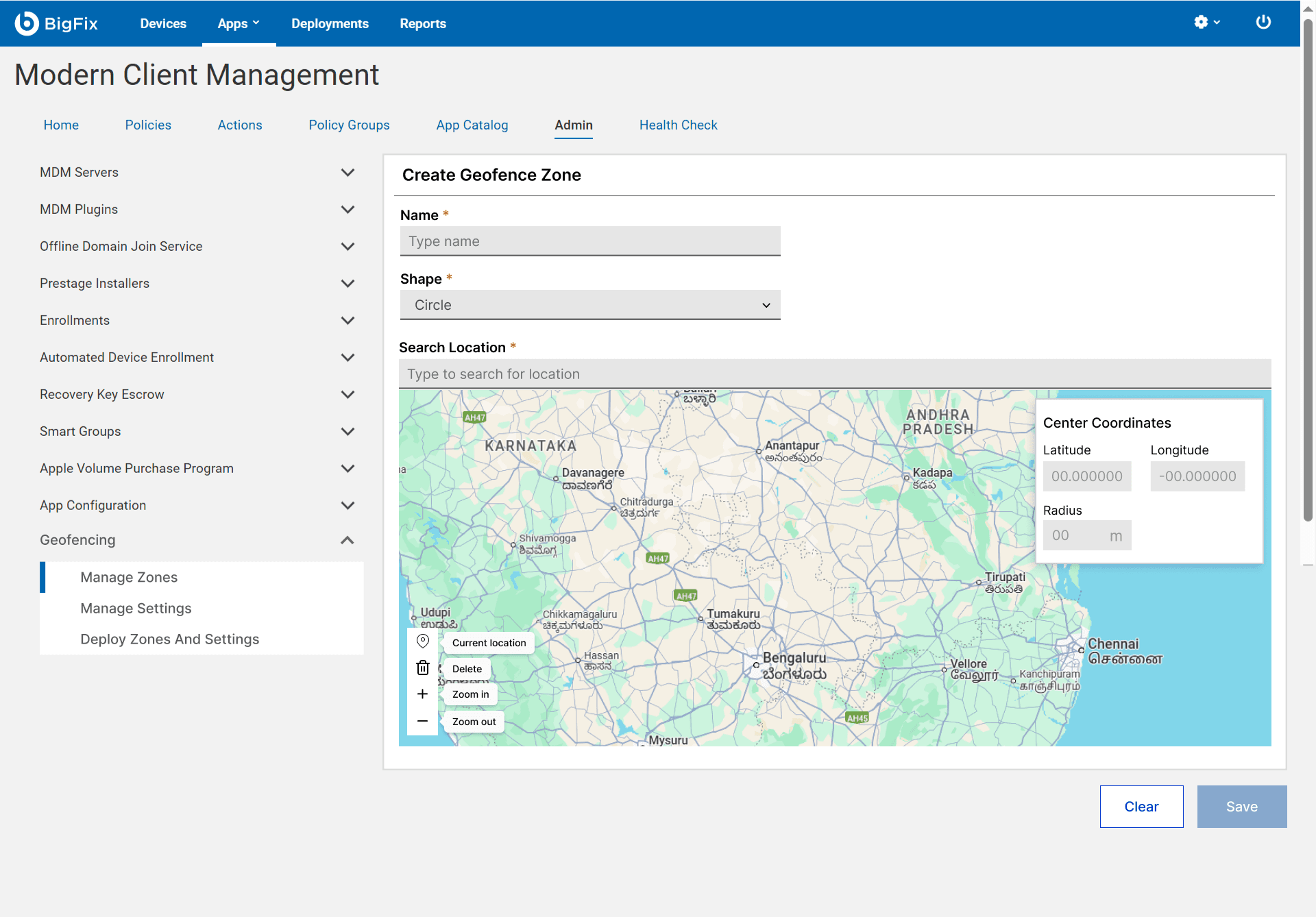 The Create Geofence Zone screen: Name, Shape set to Circle and Search Location fields above a map, with an empty Center Coordinates panel on the map.