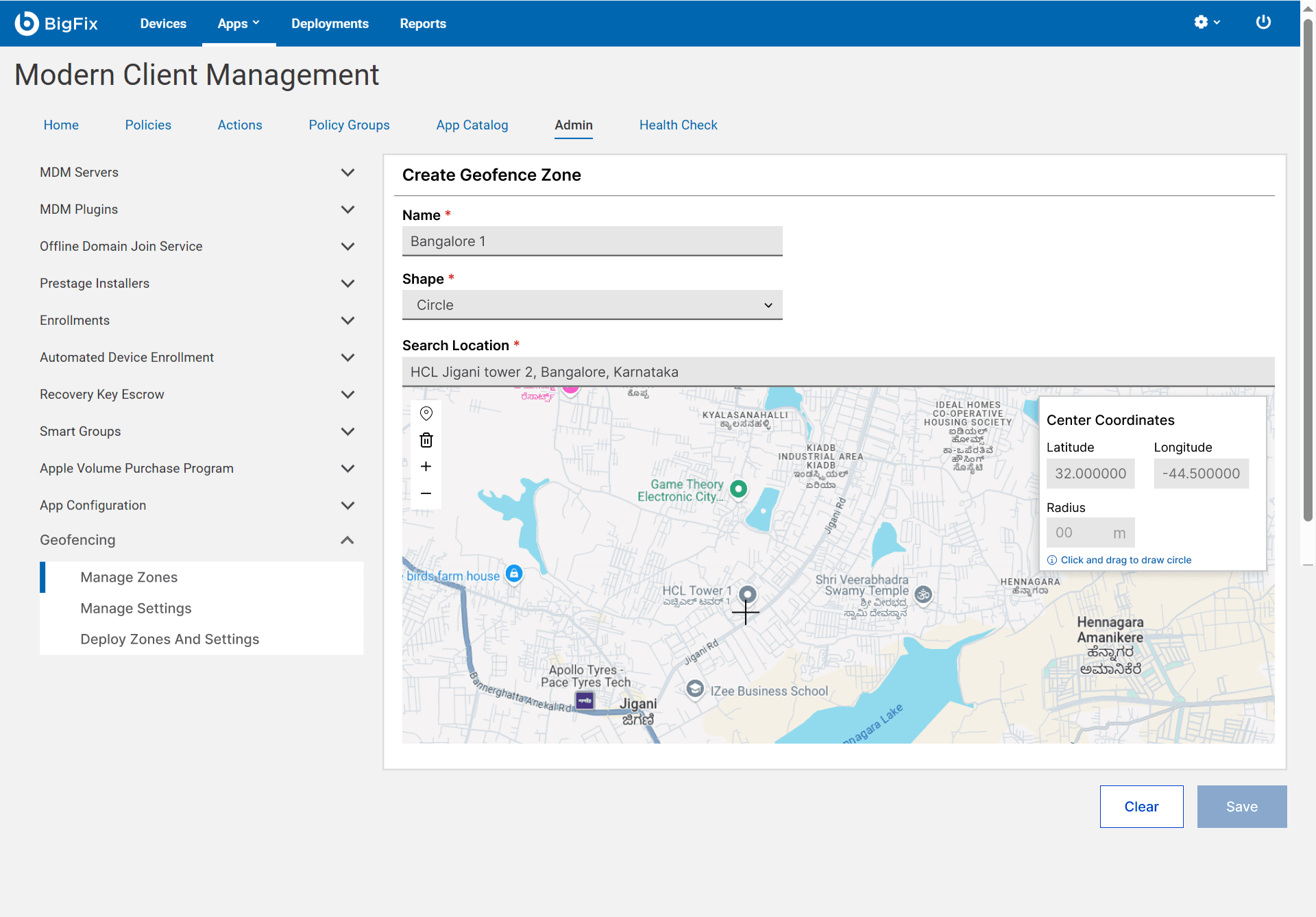 The geofence map with a click-and-drag-to-draw-circle hint, and center coordinates filled in on the panel.