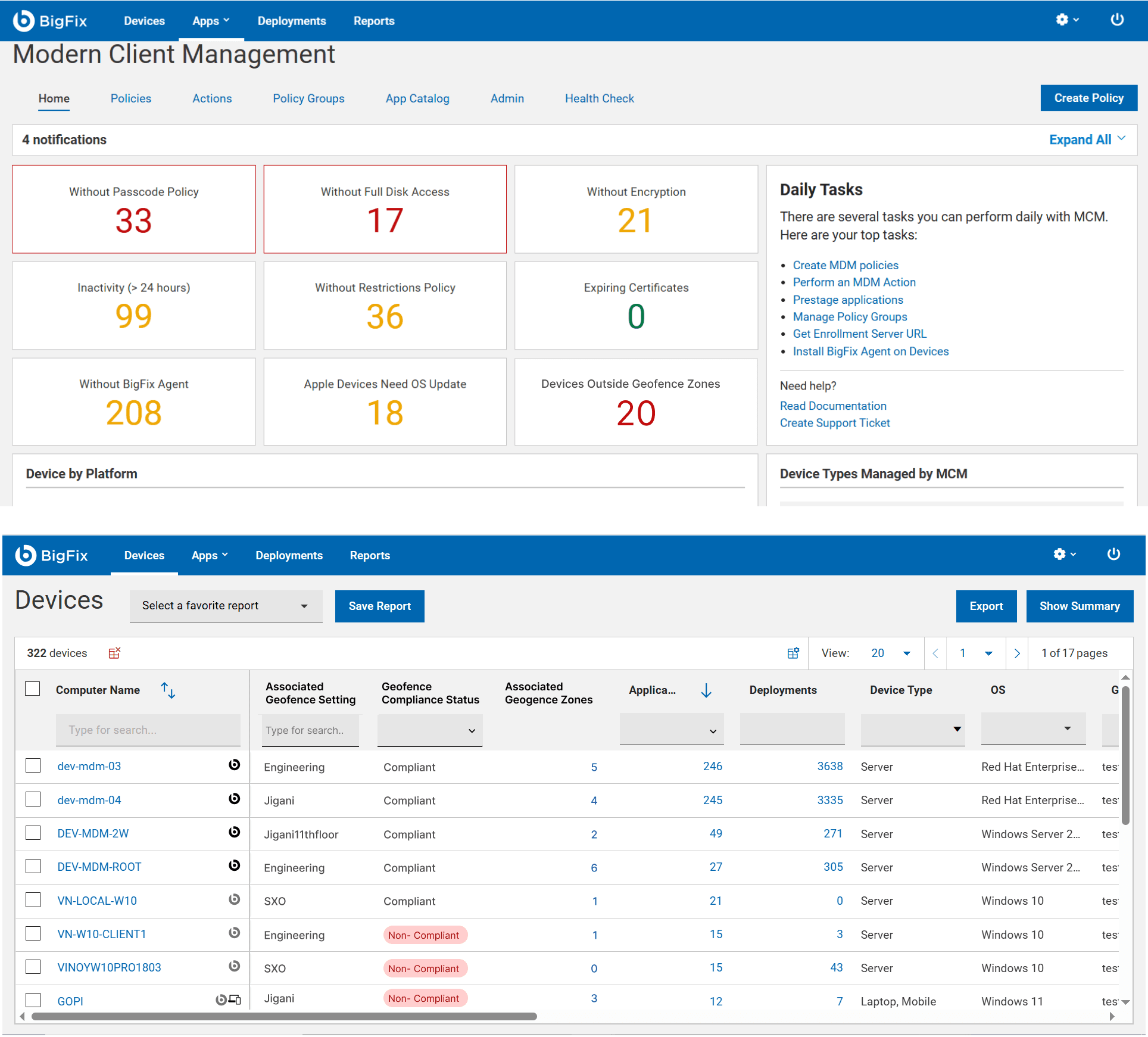 Two BigFix screens: the MCM home dashboard with a Devices Outside Geofence Zones KPI, and the Devices page with Associated Geofence Setting, Geofence Compliance Status and Associated Geofence Zones columns.