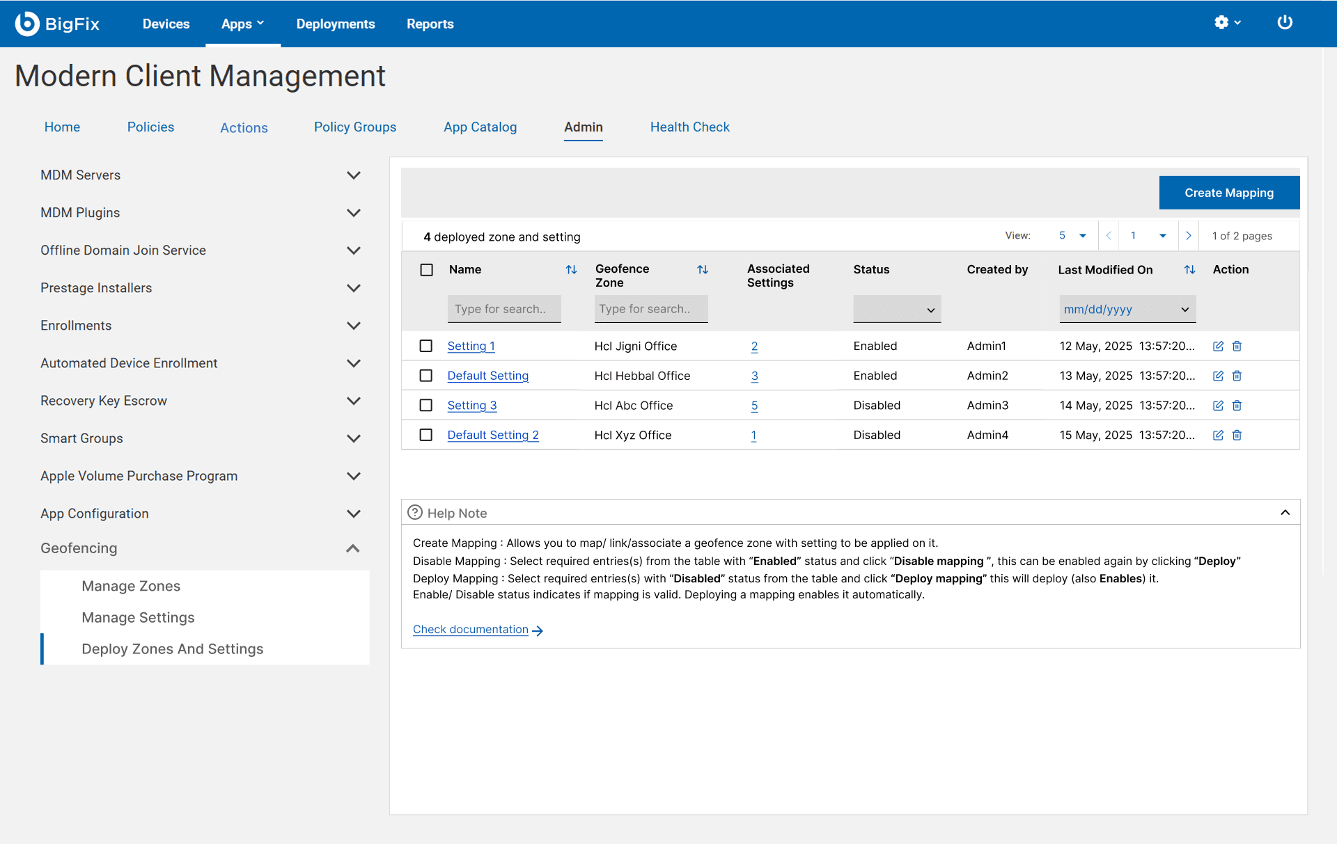 The Deploy Zones and Settings table listing mappings with name, geofence zone, associated settings, enabled or disabled status, creator and last-modified date, plus a Create Mapping button and a help note.