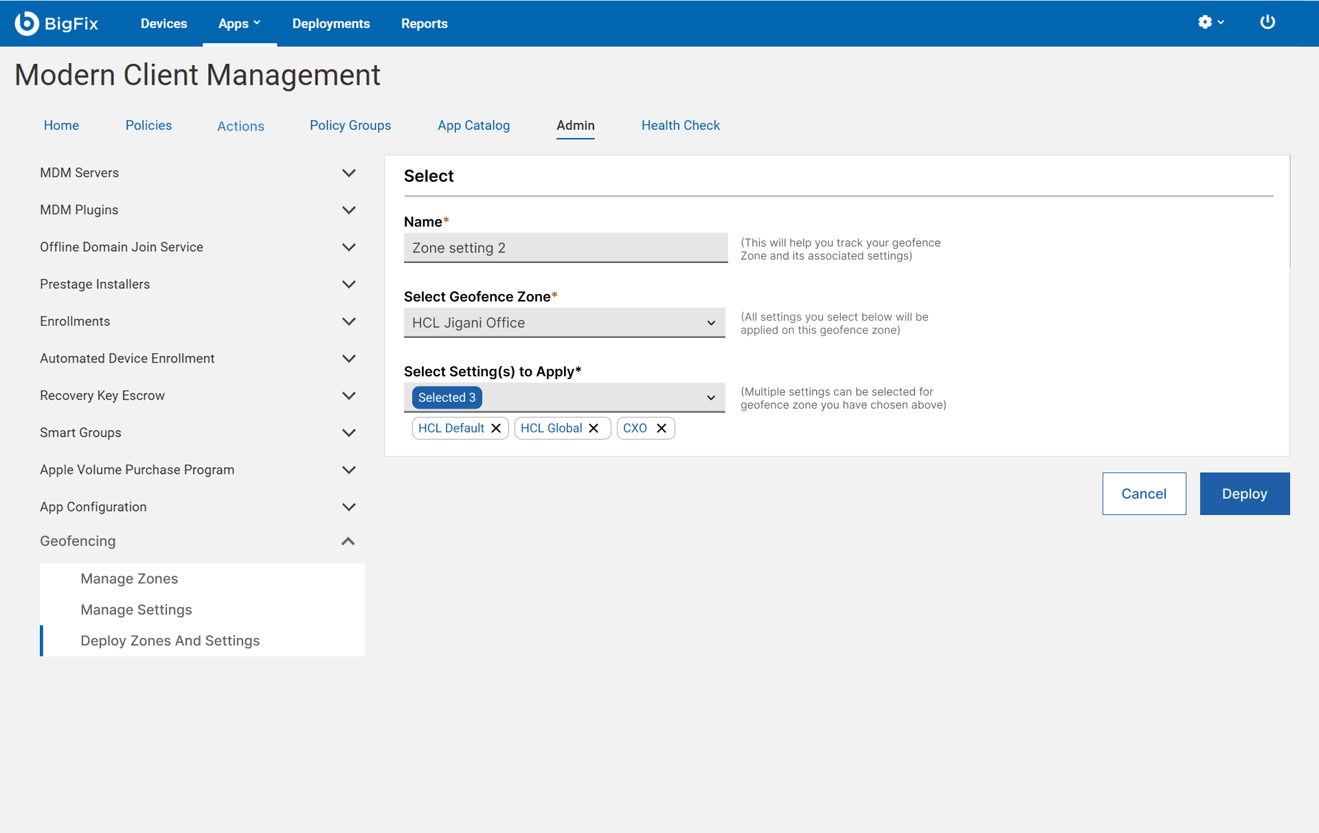 The Create Mapping form: a name, a Select Geofence Zone dropdown set to HCL Jigani Office, and a Select Settings to Apply multi-select with three settings chosen, and a Deploy button.