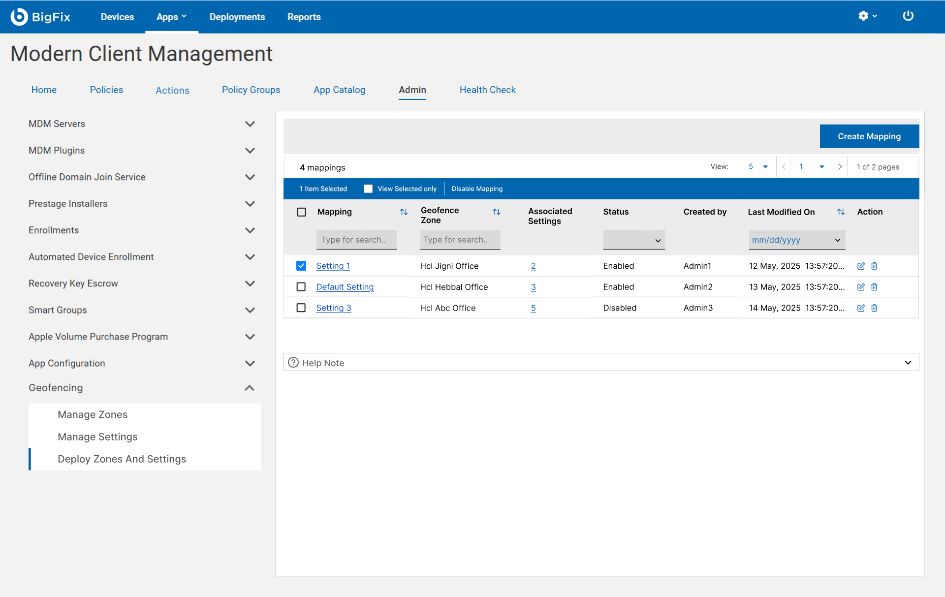 The deployed mappings table with an enabled mapping selected and a Disable mapping action available.
