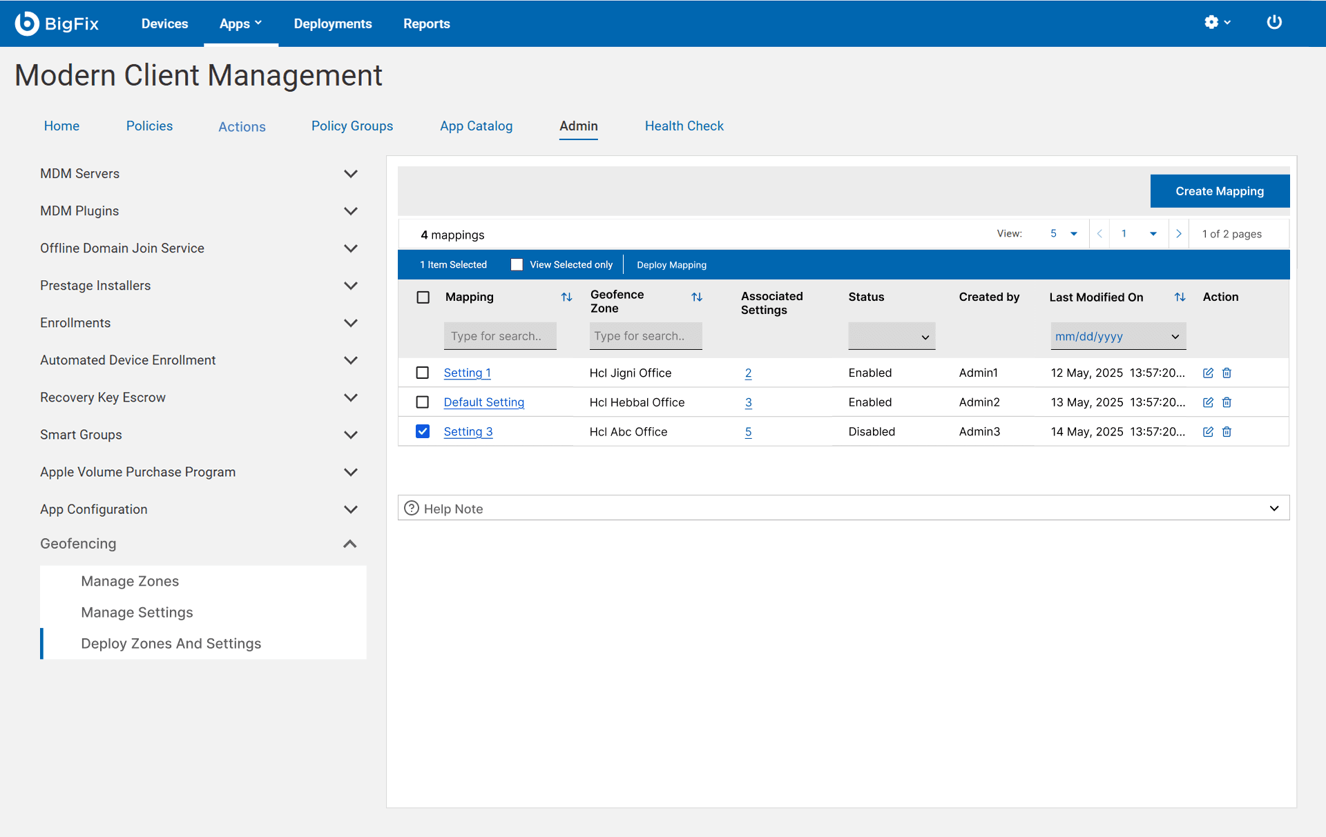 The deployed mappings table with a disabled mapping selected and a Deploy mapping action to enable it.