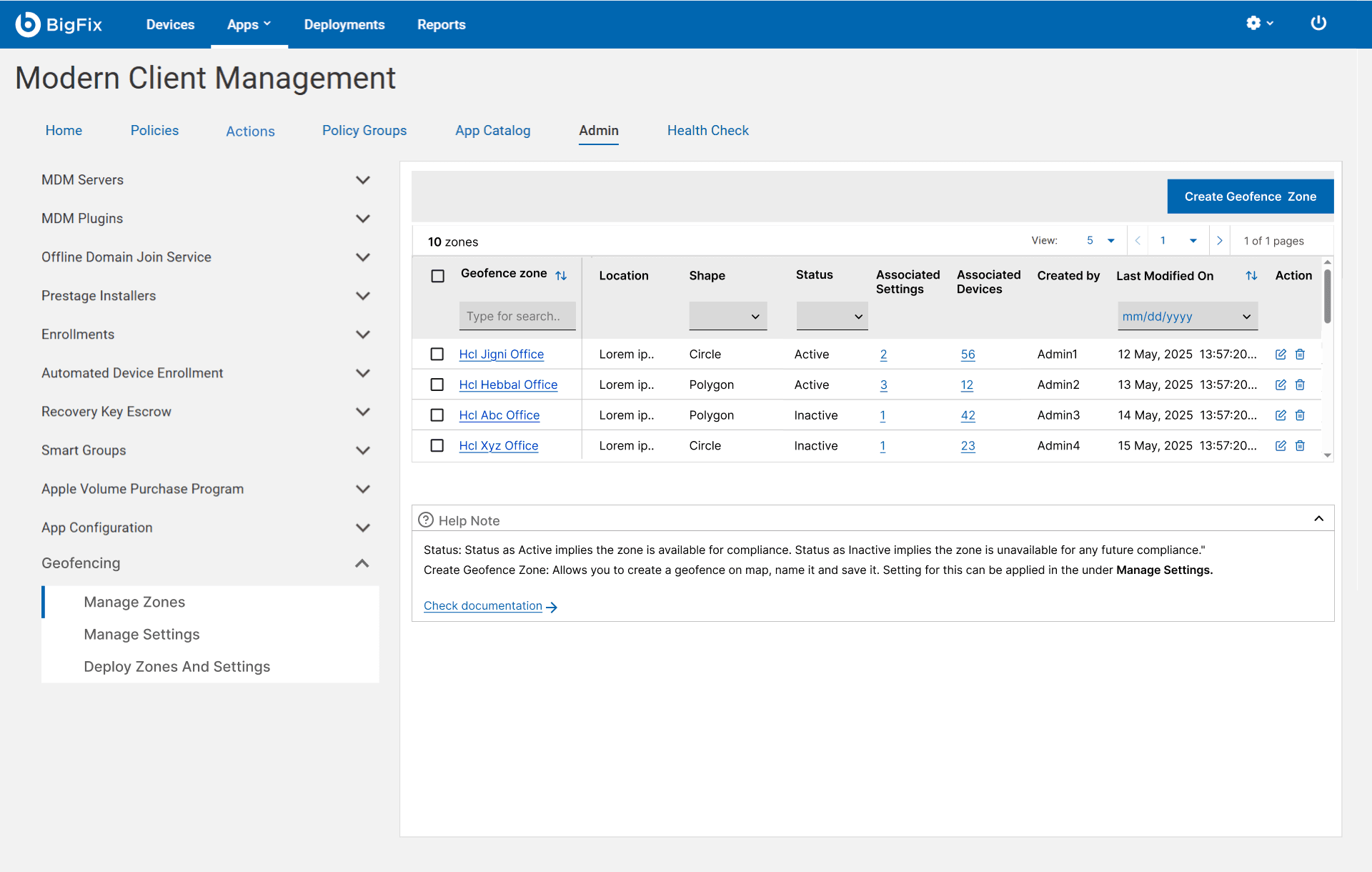 The Manage Zones landing page: a table of geofence zones with name, location, shape, status, associated settings and devices, plus a Create Geofence Zone button and a help note.