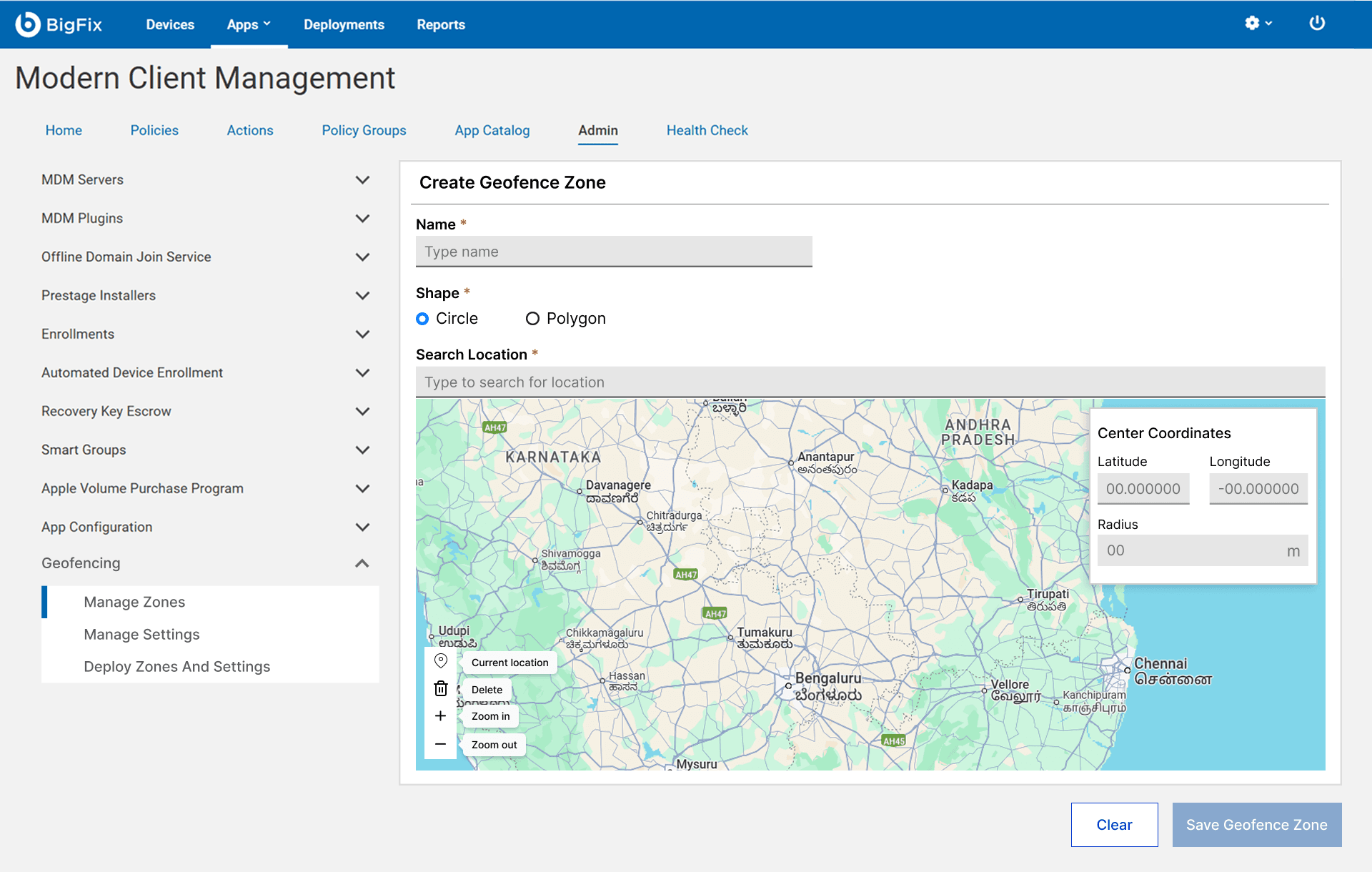 The Create Geofence Zone screen with name, shape and search fields above a zoomed-out map of Karnataka.