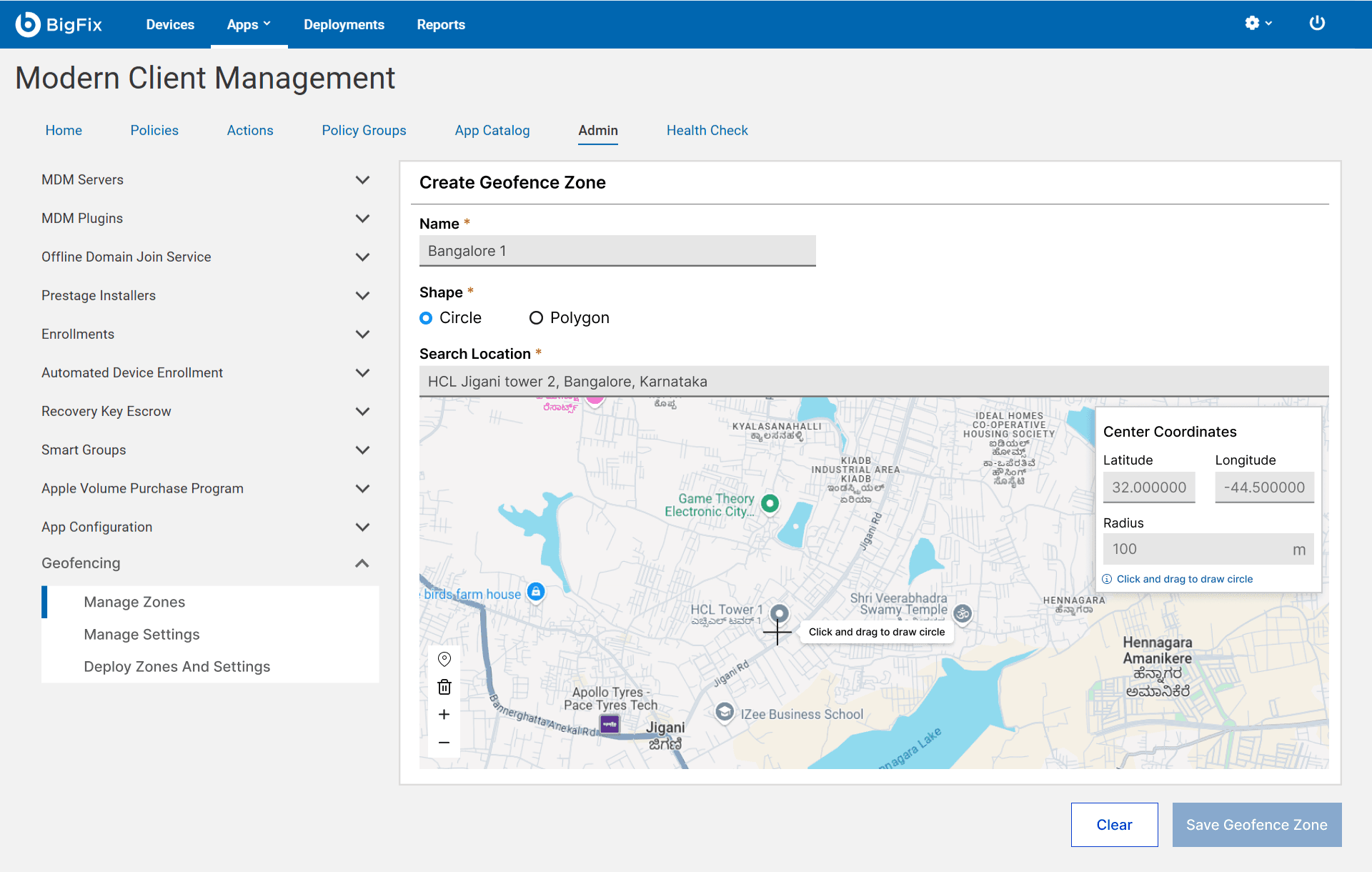 The Create Geofence Zone screen with a name and searched location filled in and a click-and-drag-to-draw-circle hint on the map.