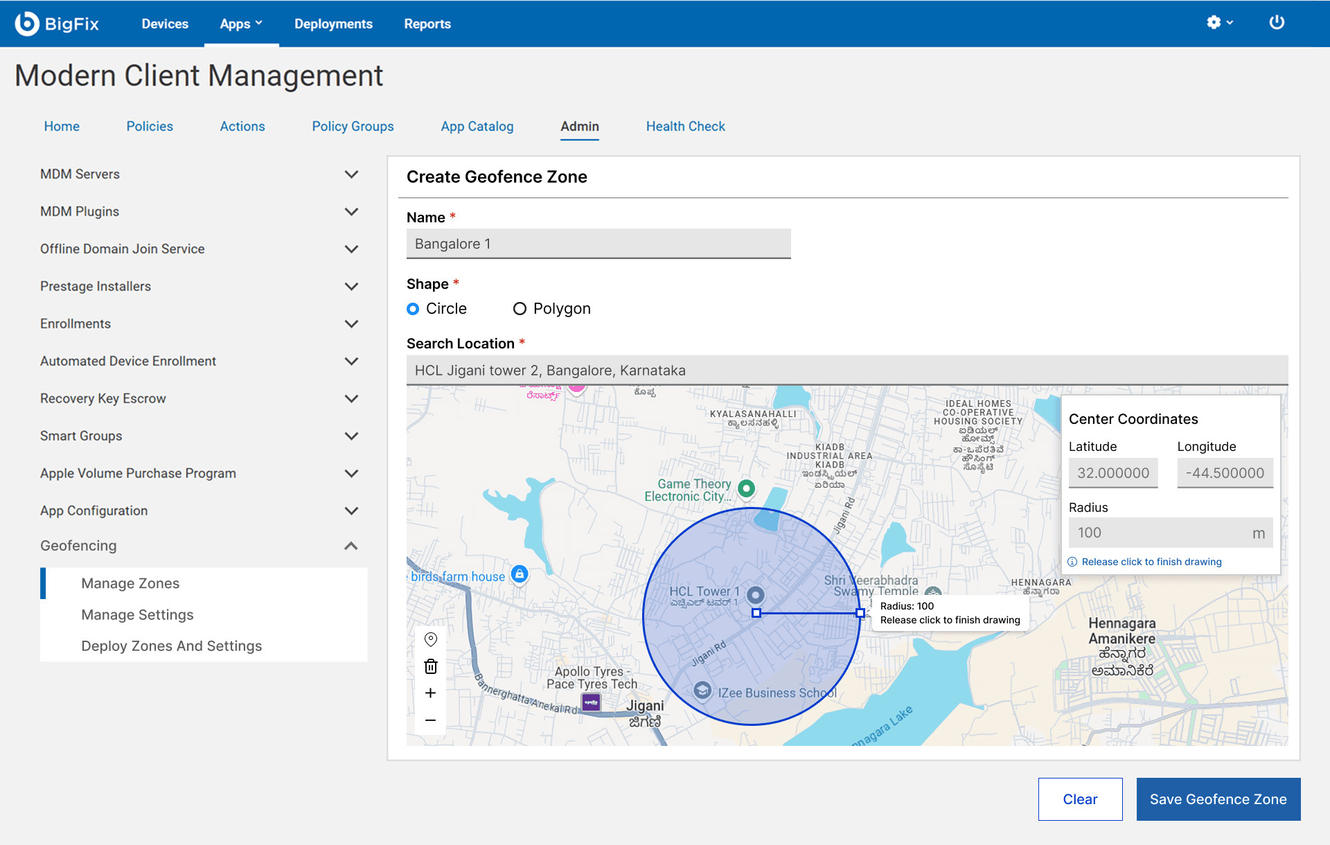 A circle being drawn on the map with a release-click-to-finish-drawing hint, and center coordinates and radius filling in.